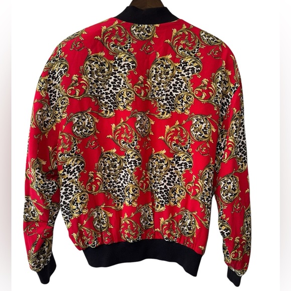 Vintage S.L.B. Red Gold Leaf Leopard Print Silk Jacket Maximalist Eclectic Sz L - Picture 6 of 11